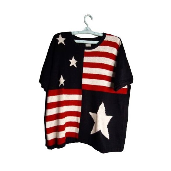 Sag Harbor Stars & Stripes Short Sleeve Knit Sweater Womens Size XL Teachers - Picture 1 of 7